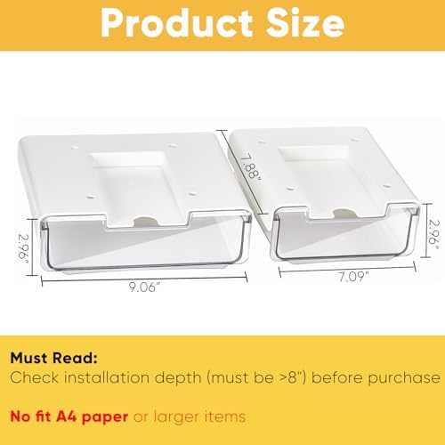2 Pack Under Desk Hanging Drawer Slide Pull Out, Attachable Clear Acrylic Storage Tray, Easy Hidden Self Adhesive Mount Cabinet Shelf Holder for Tables, Home & Office, Counters, Workstation