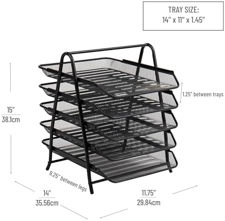 Mind Reader 5-Tier Paper Tray Organizer, Vertical Desktop File Storage Rack, Office, Metal Mesh, Black (Pack of 6)