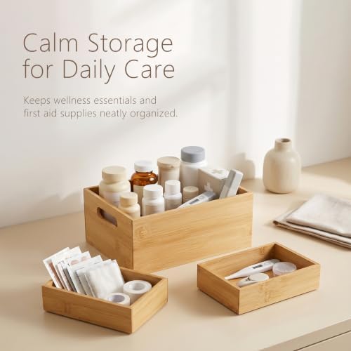 3 Pack Bamboo Storage Box with Handle, Wooden Organizer Bins