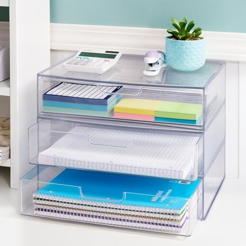 STORi STAX Plastic Stackable Organizer Drawers (Set of 2) Clear | 12.5" Wide | Set Includes Two Open Drawer | Organize Office Desk Accessories & Sort Paper | Made in USA (Pack of 2)