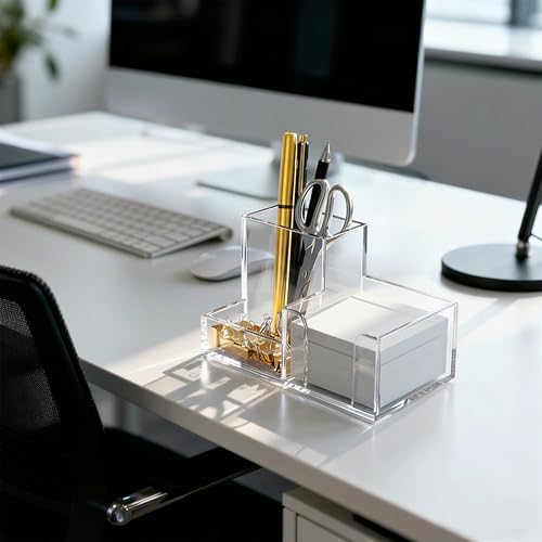 HBlife 2-Pack Acrylic Pen Holder for Desk, 3-Compartment Small Desk Organizer, Clear Office Supplies Desk Accessories with Sticky Notes Holder Stores Post It Notes 3X3 for Office, Home and School