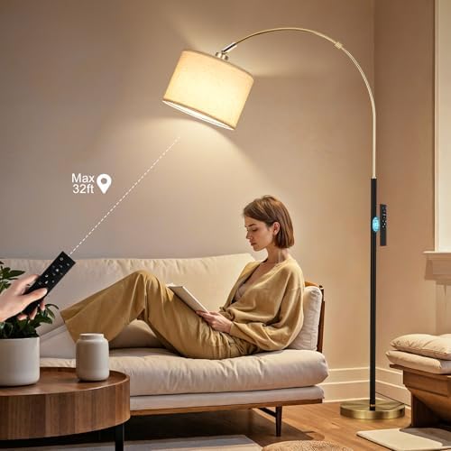 Ambimall Dimmable Arc Floor Lamp with Remote, Color Temperatures and Brightness Adjustable, Arched Floor Lamp with Rotating Head, Over Couch Arched Reading Light for Living Room (Black and Bronze)