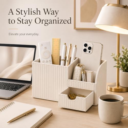 KINGFOM Luxury PU Leather Desk Organizer with Drawer, Modern Aesthetic Office Desk Accessories for Women, Multi-Compartment Pen Holder & Desktop Storage Organizer for Home Office, Cream White