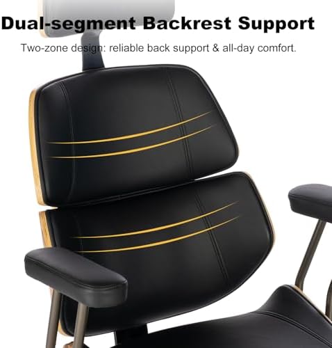 Mid Century Walnut PU Leather High Back Office Chair with Headrest, Black