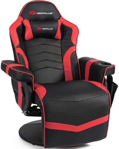 POWERSTONE Gaming Recliner, PU Massage Gaming Chair with Footrest, Cup Holder, Headrest and Side Pouch, Adjustable Single Sofa Living Room Chair(Red)