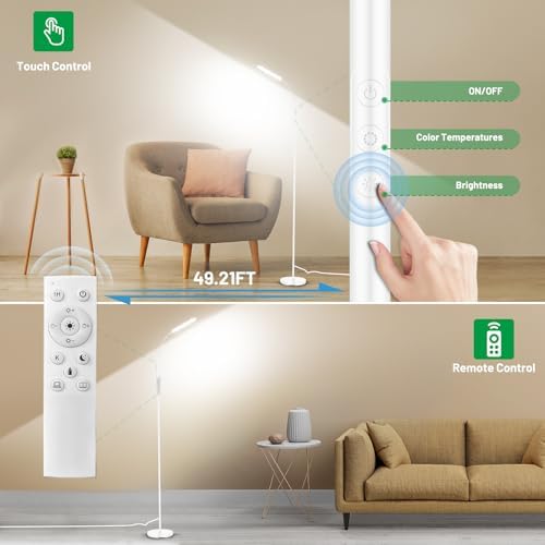 Yikuneng Dimmable LED Floor Lamp, Super Bright Reading Lamps Floor Standing Lamp with Remote & Touch Control, Stepless Dimming & 2700K-6500K Color Temperature, for Living Room Bedroom Office, White