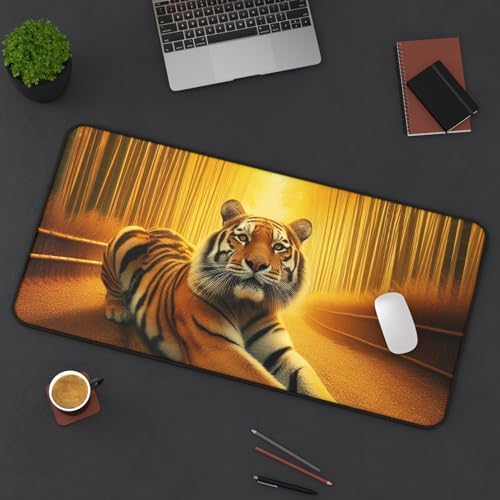 Tiger Stretching in a Golden Bamboo Grove - Premium Vibrant Colors Desk Mat