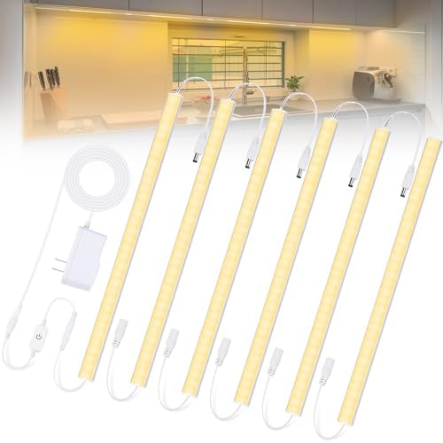 6PCS x 12 Inch Under Cabinet Lights Plug-in, Warm White 3000K Dimmable LED Under Cabinet Lighting, Under Counter Lights with Memory Function, LED Light Bars for Kitchen