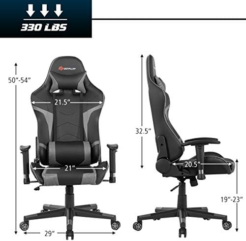 POWERSTONE Gaming Chair - Office Computer Gaming Racing Chair with Lumbar Massager Support PU Leather Adjustable Arms Headrest High-Back Recliner Ergonomic Rolling Swivel (Grey)