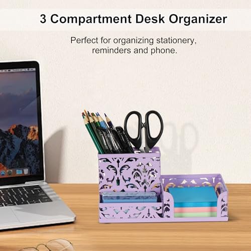 EasyPAG Desk Organizer 3 Compartment Pen Holder for Desk Office Supplies Caddy with Sticky Notes Holder for School Home, Purple
