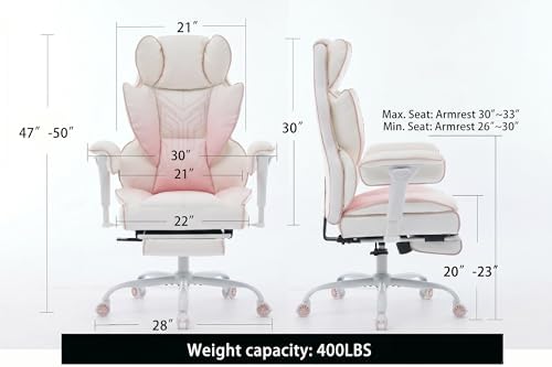 Big and Tall Gaming Office Chair 400lbs - Heavy Duty Ergonomic Computer Desk Chair with Footrest, Adjustable Armrests, High Back PU Leather with Racing Style (White/Pink)