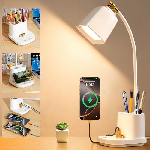 LED Desk Lamps for Home Office with Charger, Organizer, Desk Light Table Lamp for Bedroom, Study, Reading, Work, Nail, Gooseneck Small Desk Lamp for Artist, Puzzle, Drawing, Eye-Caring LED Office Lamp