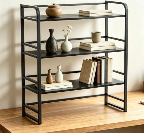 Office Desk Shelf Organizer, Wood Desktop Bookshelf Supplies Storage Rack, Shelf for Top of Desk and Dresser and Cubicle Decor Aesthetic Bookshelf (Black Black, Three Tier, 11.81Lx7.87Wx22.05H)