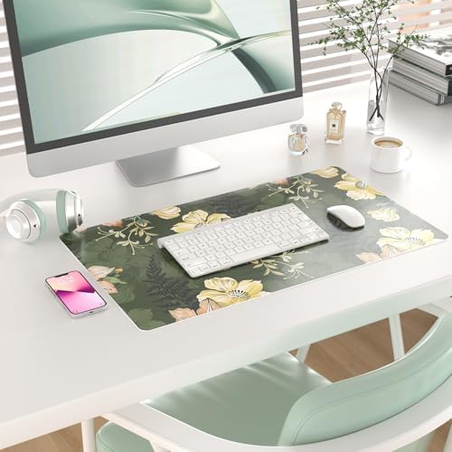 Colorful Star Large Mouse Pad, PU Leather Waterproof Desk Mat, Computer Gaming Mouse Pad, XXL Table Mousepad Non Slip Full Desk Pad for School Office Home 23.6" x 13.8" - Vintage Bold Flowers