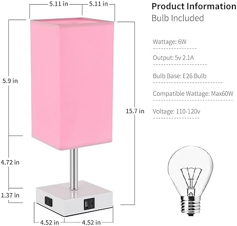 Touch Control Bedside Lamp - 3-Way Dimmable Table Lamps with USB C+A Port and Outlet, Nightstand Lamp for Bedroom Decor and Living Room,Pink