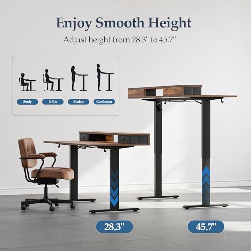 Klicelor 40 x 24 Inch Electric Standing Desk with Drawers, Adjustable Height Small Sit Stand Desk for Home Office, Compact Computer Workstation with Storage– Rustic Brown