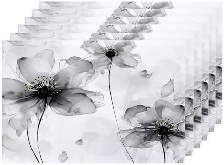 Shrahala Flowers Petals Set of 6 12 X 18 Inch Linen Placemats, Beautiful Black White Flowers Burlap Table Mat Washable Double Layered Heat Insulation for Indoor/Outdoor
