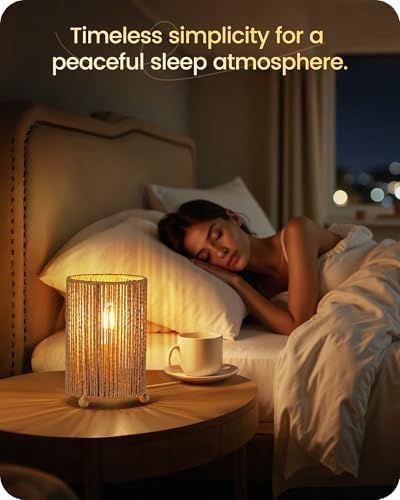 Small Rattan Table Lamps Set of 2, Boho Bedside Lamps Set of 2, Handwoven Paper Lampshade, 4W 2400K LED Bulb Included, Boho Desk Lamp, Nightstand Lamp for Bedroom, Living Room, S11TLP205