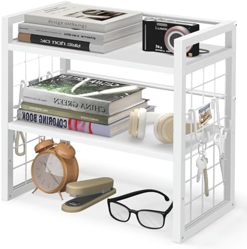 ELITEROO Desk Shelf Organizer, Tiered Wood Desktop Book Shelf, White