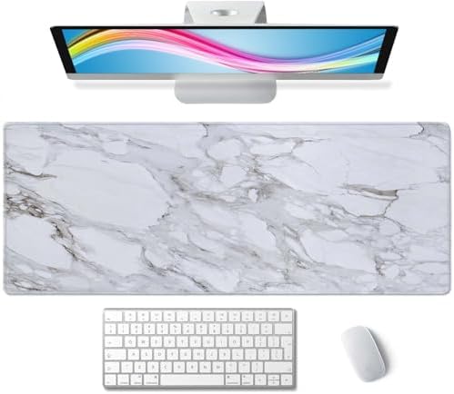 White Grey Marble Print Large Gaming Mouse Pad Keyboard Desk Pad Extended Mouse Pad Gaming Office Decor, PC Laptop Mouse Pads Large (31.5x11.8 in) with Stitched Edges Non-Slip Base Mousepad XL