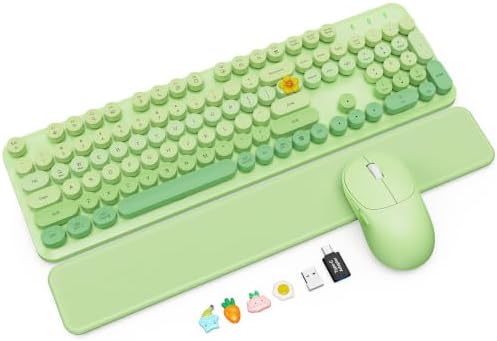 Wireless Keyboard and Mouse Combo, Magnetic Soft-Touch Wrist Rest, Round Keycaps, Full-Size Retro Typewriter Keyboard, 2-Stage Tilt Legs, Auto Sleep, 2.4GHz Cordless for Windows PC (Green Ombre)