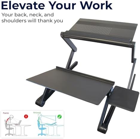 WorkEZ Adjustable Standing Desk Converter w/2 Fans & 3 USB Ports, Sit to Stand Desk Riser Monitor Standing Computer Desk, Height & Angle Negative Tilt