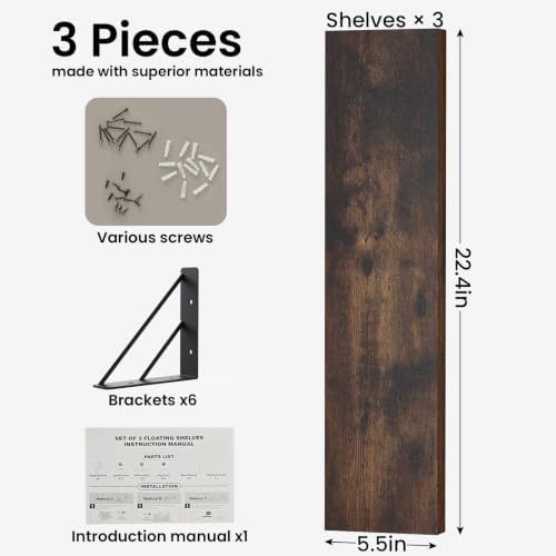 BAYKA 22.4 Inch Long Wall Mounted Floating Shelves (Rustic Brown, Set of 3)