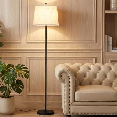 JUNNAI 【Upgraded】 Modern Black Floor Lamp 63in Standing Lamp for Living Room Bedroom Office 3 Way Brightness Dimmable Tall Pole Light with Beige Linen Shade Metal Shade 8W 3000K LED Bulb Included