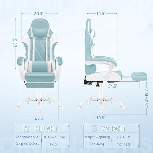 Shahoo Gaming Chair with Footrest and Massage Lumbar Support, Ergonomic Office Computer Seat Height Adjustable with Headrest, Light Blue