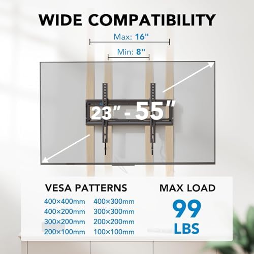 Pipishell Tilt TV Wall Mount Bracket Low Profile for Most 23-55 Inch LED LCD OLED 4K Flat Curved TVs up to 99lbs Max VESA 400x400mm, 8° Tilting for Anti-Glaring, Fits 8-16 inch Wood Stud