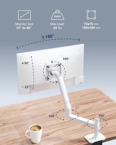 Ergounion Heavy Duty Single Monitor Arm, Mechanical Spring Desk Mount for 13-40 Inch Ultrawide Screens, Holds up to 25lbs, High-Grade Aluminum VESA Mount with C-Clamp & Grommet Base, No-Droop, White
