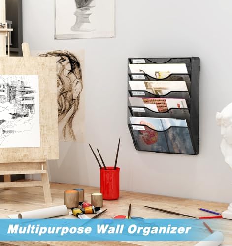 Wall Hanging File Holder 5 Pocket Wall Mounted Paper Organizer Magazine File Holder Storage Rack,Black