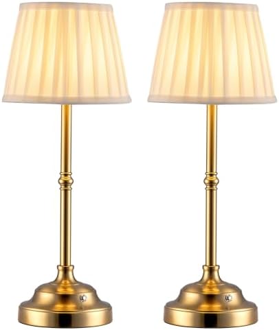 KDG Gold Cordless LED Table Lamps Set of 2, Beige Fabric Shade Desk Lamps