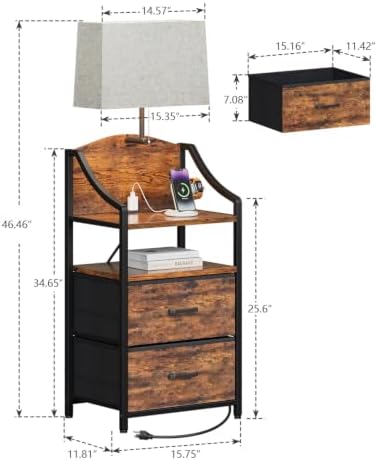 Evermagin 45" Tall Nightstand with Charging Station & Light, Rustic Brown