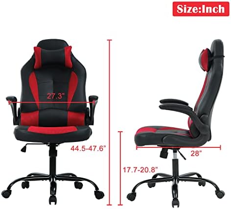Red PU Leather Gaming Chair - Adults Ergonomic Desk Chair with Flip Up Arms, Swivel Reclining, Height & Backrest Adjustable, 300 Lbs