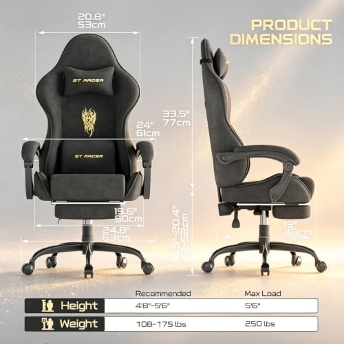 Ferghana Ergonomic Velvet Fabric Gaming Chair with Embroidery Fire, Massage Lumbar Support & Retractable Footrest, Reclining Racing Computer Office Desk Chair for Adults, Black