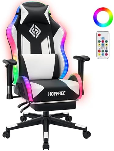 HOFFREE RGB Gaming Chair for Kids LED Computer Chair 155°Recliner-White