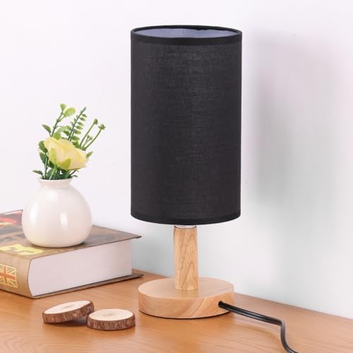 Black Small Bedside Table Lamp for Bedroom,Natural Round Wood Base&Fabric Linen Shade,Cozy Night Table Light for Study Reading,Minimalist Boho Desk Lamp for Nightstand,Living Room,Nursery,Kitchen,Dorm