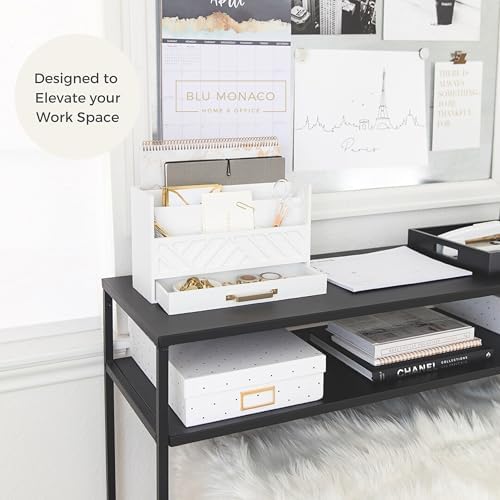 BLU MONACO | White Wooden Desk Organizer & Mail Organizer with Drawer & Gold Handle | Mail Sorter Countertop | 6 Compartments | White Desktop Organizer for Desk