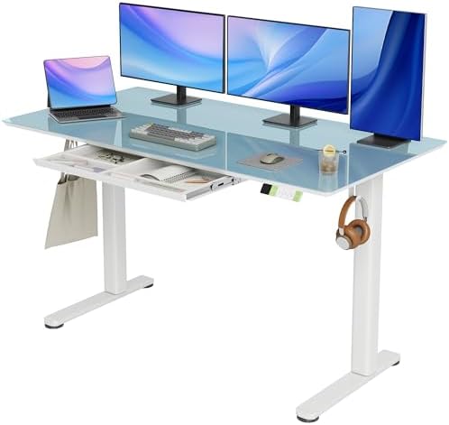 INNOVAR Glass Standing Desk with Drawers 55×24 Inch Morandi Blue
