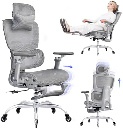 Office Chair with Footrest, Ergonomic Chair with 3D Headrest, Computer Chair with Adjustable Backrest & 6D Armrest, Gaming Chair with Adaptive Lumbar Support, Adjustable Seat Depth, Grey