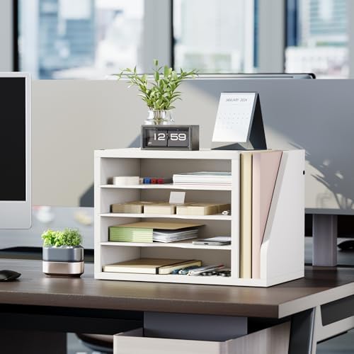 Creso hom Mail Sorter, File Organizer Desktop, Wood Desk Organizer with 3 Adjustable Shelves, Mail Holder for Office, Home, Letter Sorter File Holders for Envelopes, Mail Supplies Magazines, White