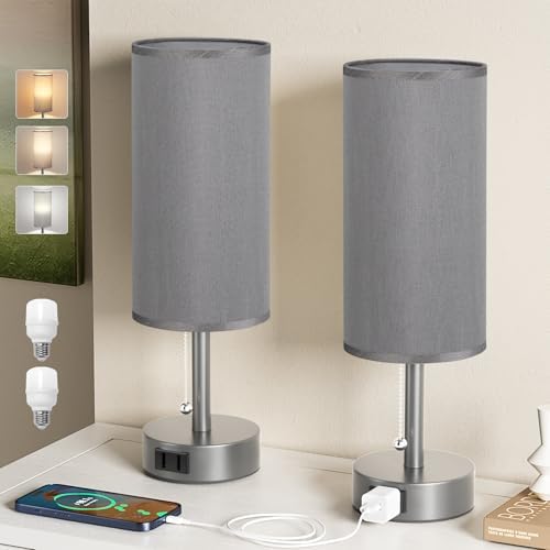 Dark Grey Bedside Table Lamps Set of 2 - Bedroom Lamp for Desk, AC Outlet