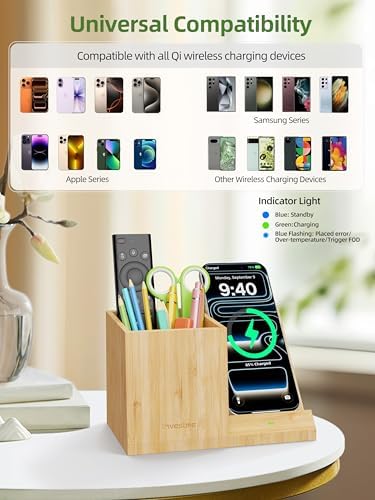 Bamboo Pen Holder for Desk with Wireless Charger, Desktop Organizer