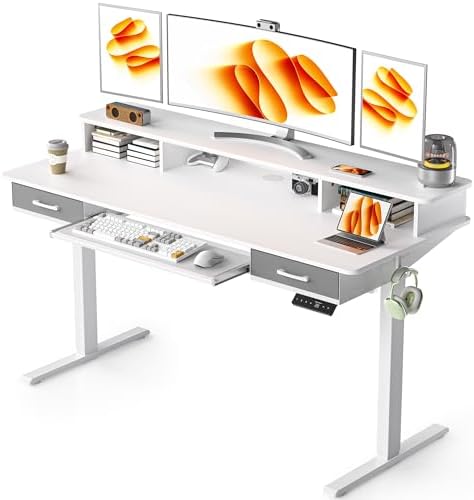 WALKINGDESK 55 Inches Electric Standing Desk with Keyboard Tray, Height Adjustable Sit to Stand Table with 2 Drawers, Ergonomic Home Office Desk with Storage Shelf, Computer Table, White