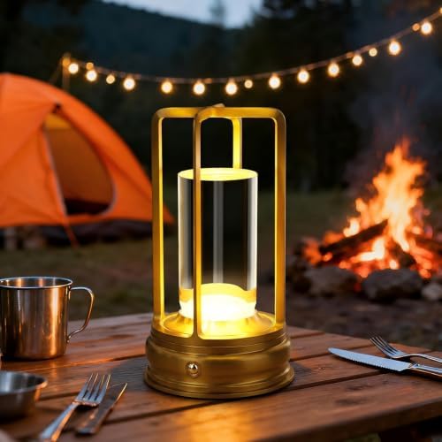 Cordless Outdoor Table Lamp, Rechargeable LED Patio Lamp, Dimmable, Gold