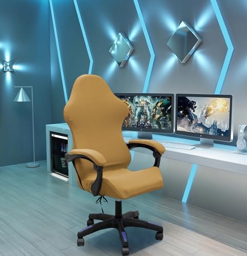 Gaming Chair Cover Set with Armrest Covers, Stretch Ruffled Slipcover for Racing Office Computer Reclining Chairs (Camel)