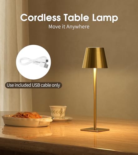 UME 6 Pack Cordless Table Lamp, Battery Operated Lamp - Portable Waterproof Rechargeable Table Lamp w/ 3 Color Temps & Stepless Dimming for Dinner, Desk, Cafe, Outdoor (Brushed Gold)