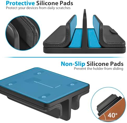 Dual Vertical Laptop Stand, 3 in 1 Upright Desktop Stand Holder with Adjustable Dock (Up to 17.3''), Leather Laptop Rack Storage Desk Organizer for Phone, Tablet, MacBook/HP/Dell/Chrome Book (Black)