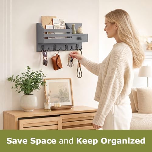 Key Holder Wall Mount, Wooden Key and Mail Organizer, Gray
